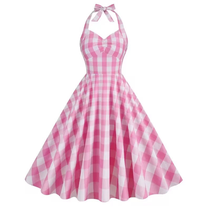 Hepburn Style Age Sense Elegant Halter Lace-up Small V Neck Barbie Pink Printed Checks Large Swing Dress Female Dress